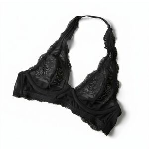 Aerie Black Lace Halter Bralette 32A Longline Lingerie Strappy Neckline